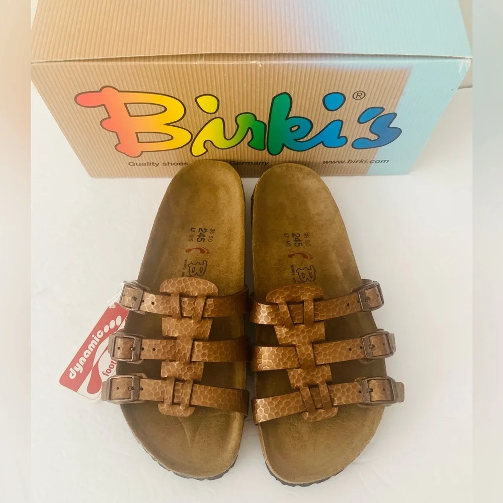 NWT Birkenstock Birki’s Xenia Soft Birko Flor Bronze Sandals Women Size 7 Comfy